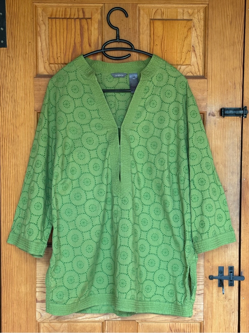 Liz Claiborne Green Eyelet Embroidered Cotton Tunic Top 3/4 Sleeve